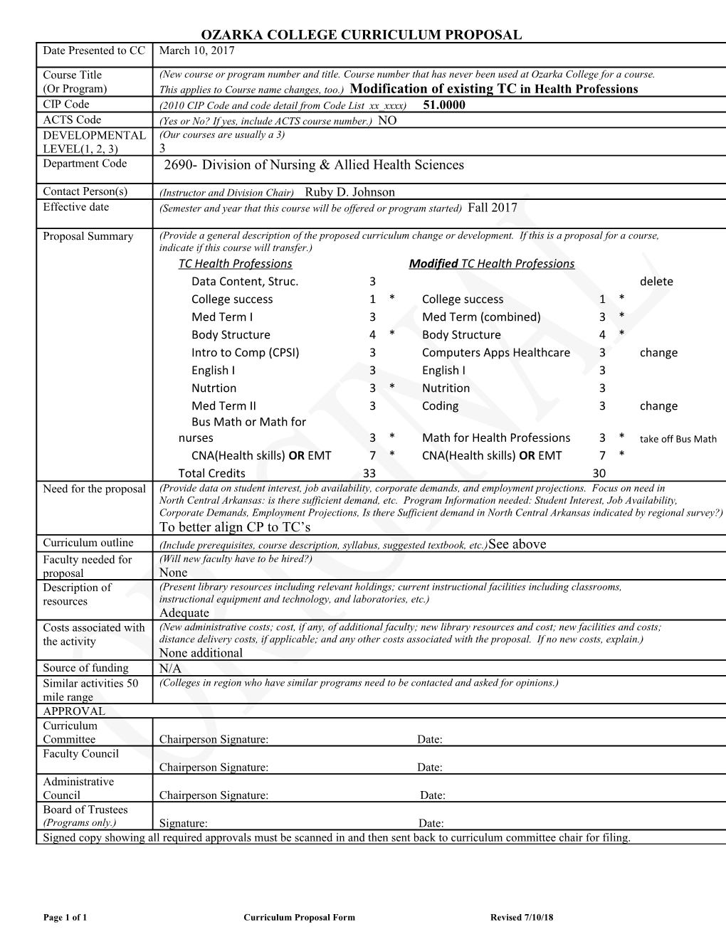 Page 1 of 1 Curriculum Proposal Form Revised 3/8/17