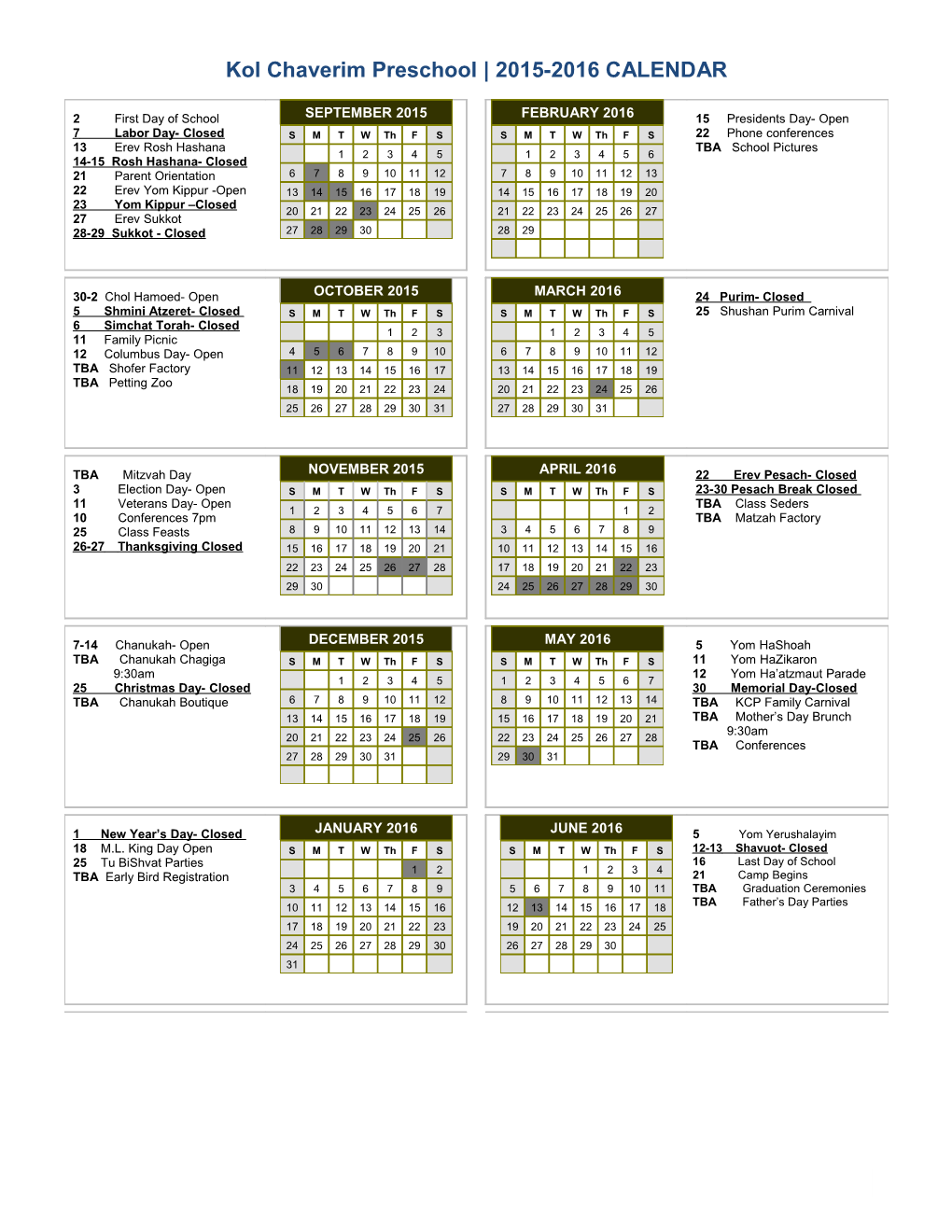 Kol Chaverim Preschool 2015-2016 CALENDAR