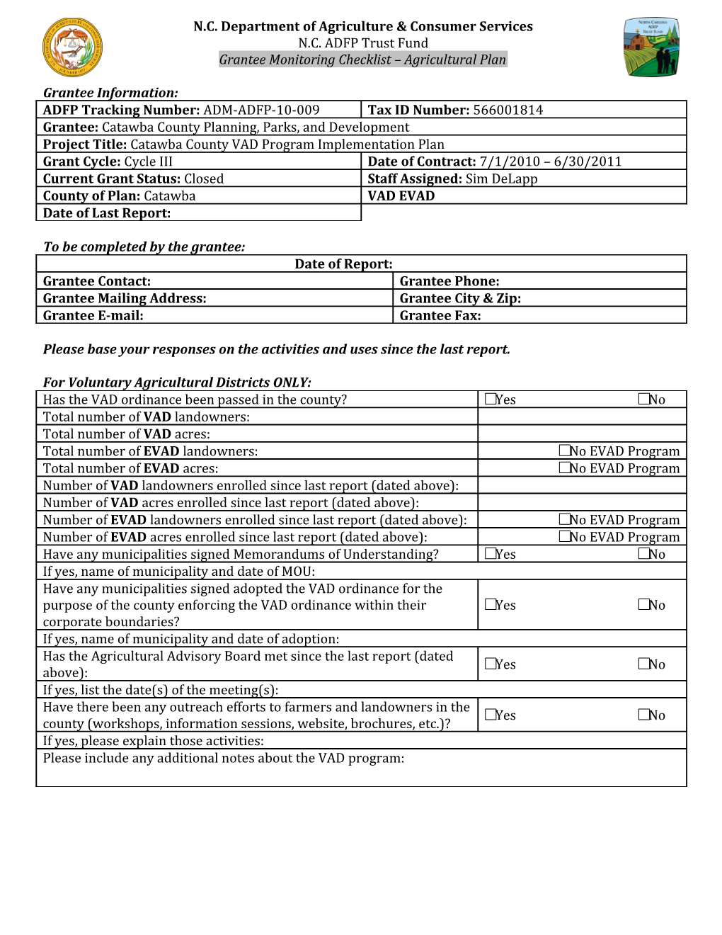 Grantee Monitoring Checklist Agricultural Plan