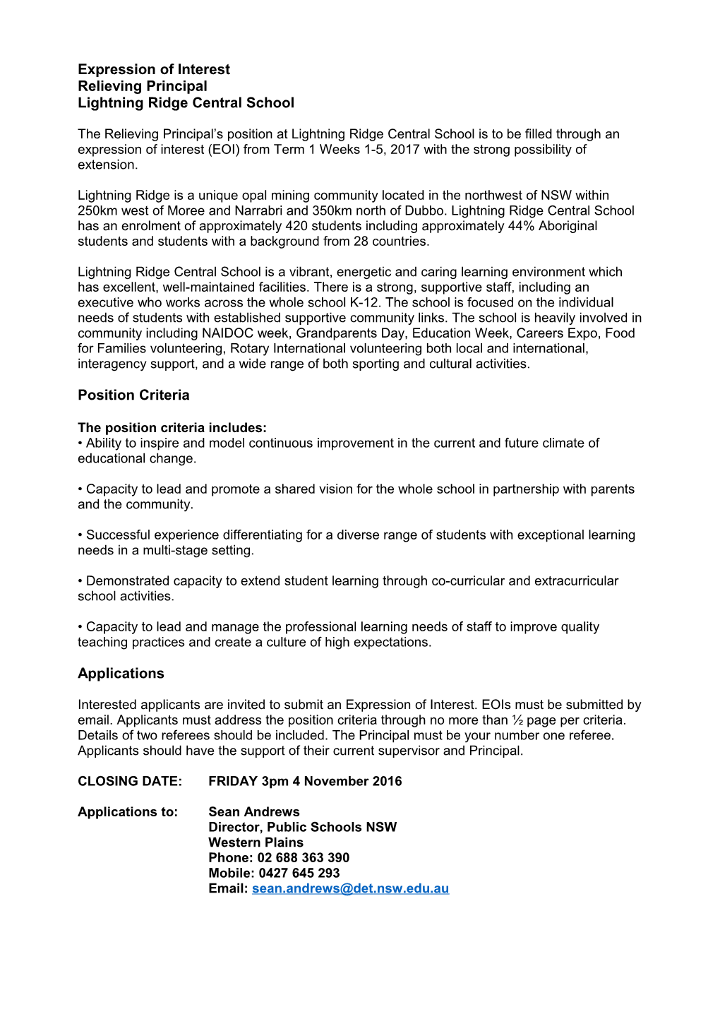 Expression of Interest Relieving Principal Lightning Ridge Central School the Relieving