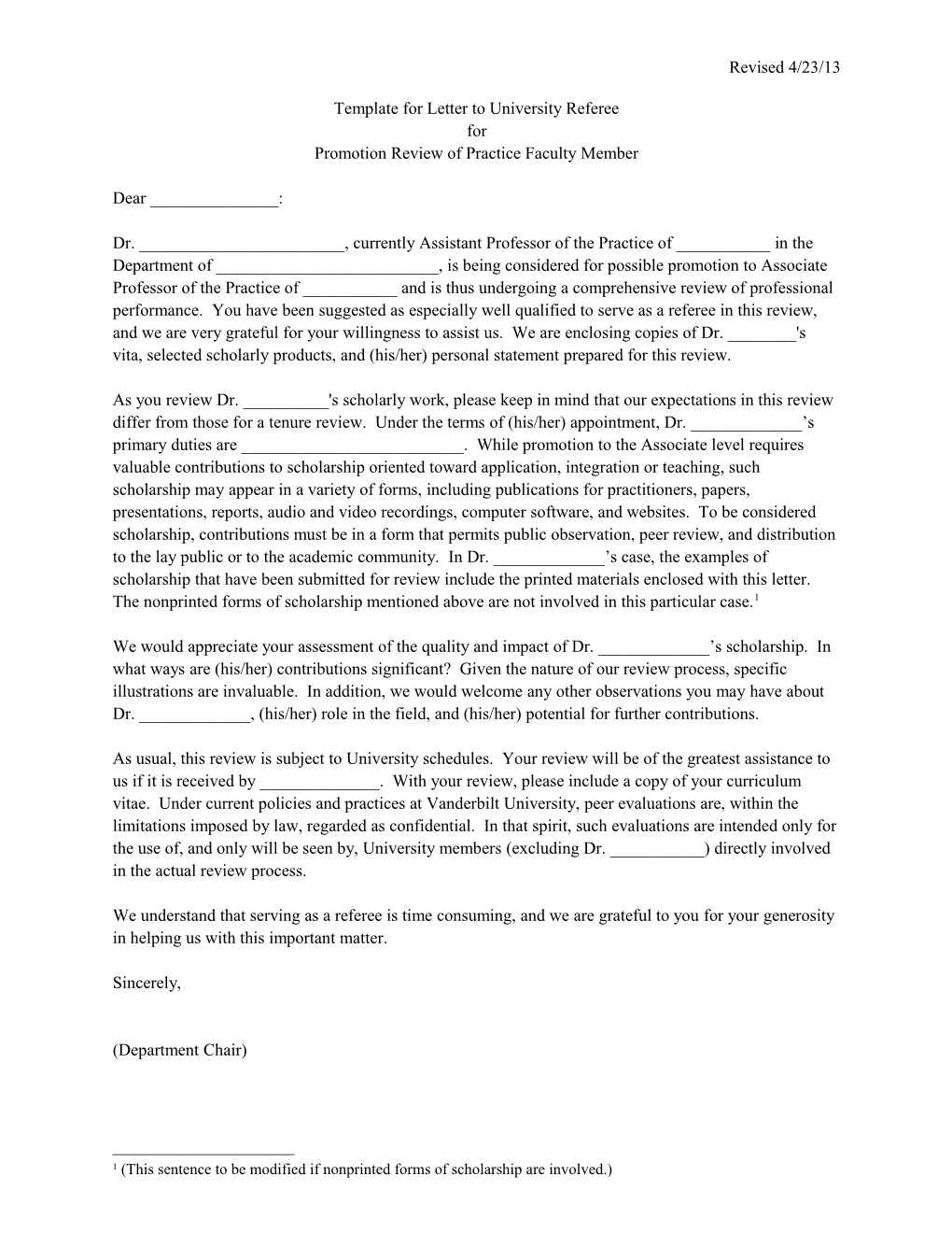 General Form of Letter to Faculty Referee