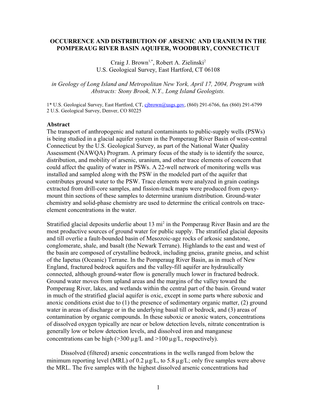 Arsenic and Uranium in Four Different Aquifer Settings: (A) Source Occurrence and Distribution