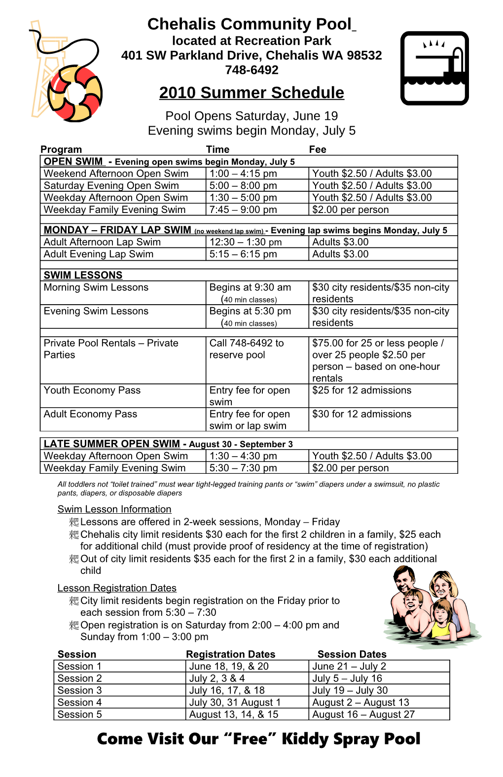 Chehalis Community Pool Summer Schedule