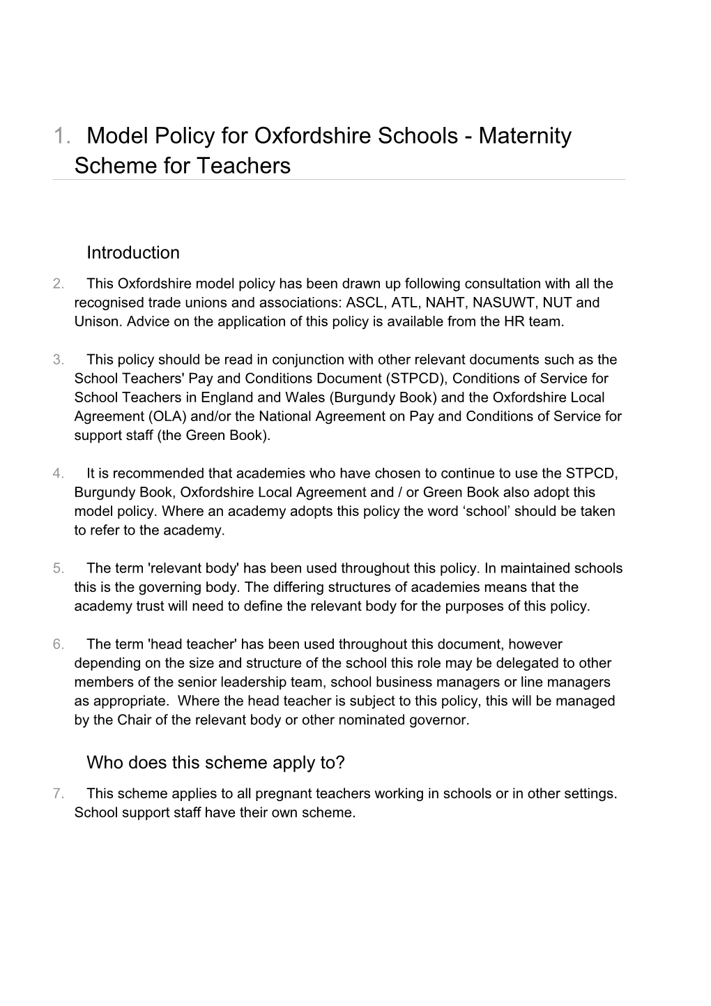 Model Policy for Oxfordshire Schools - Maternity Scheme for Teachers