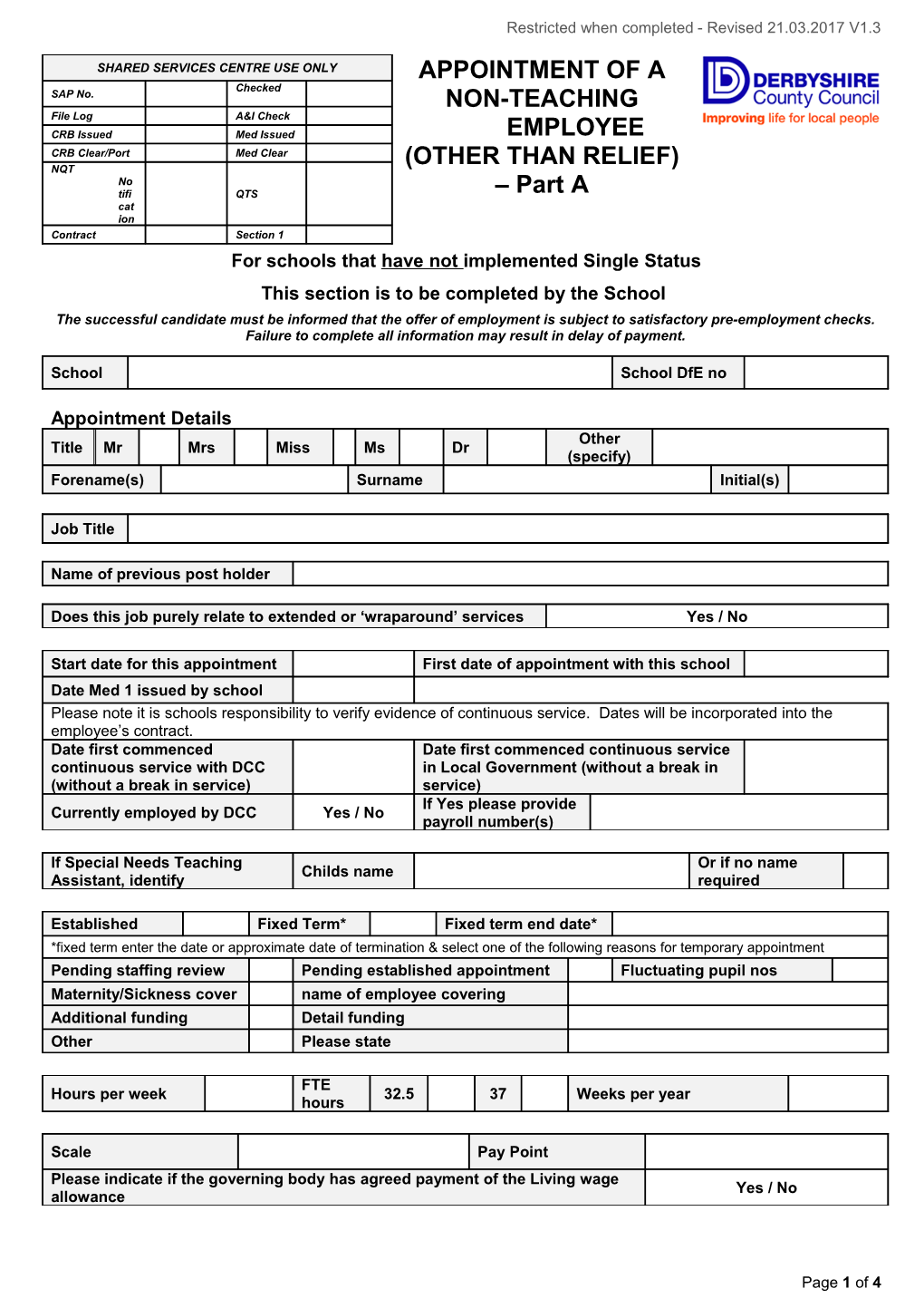 Appointment of a Non-Teaching Employee Version 1.3 - Non Single Status