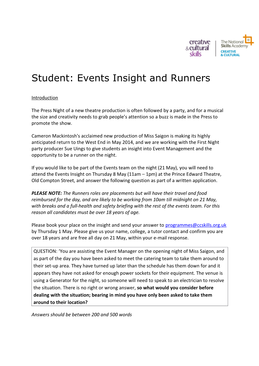 Student: Events Insight and Runners