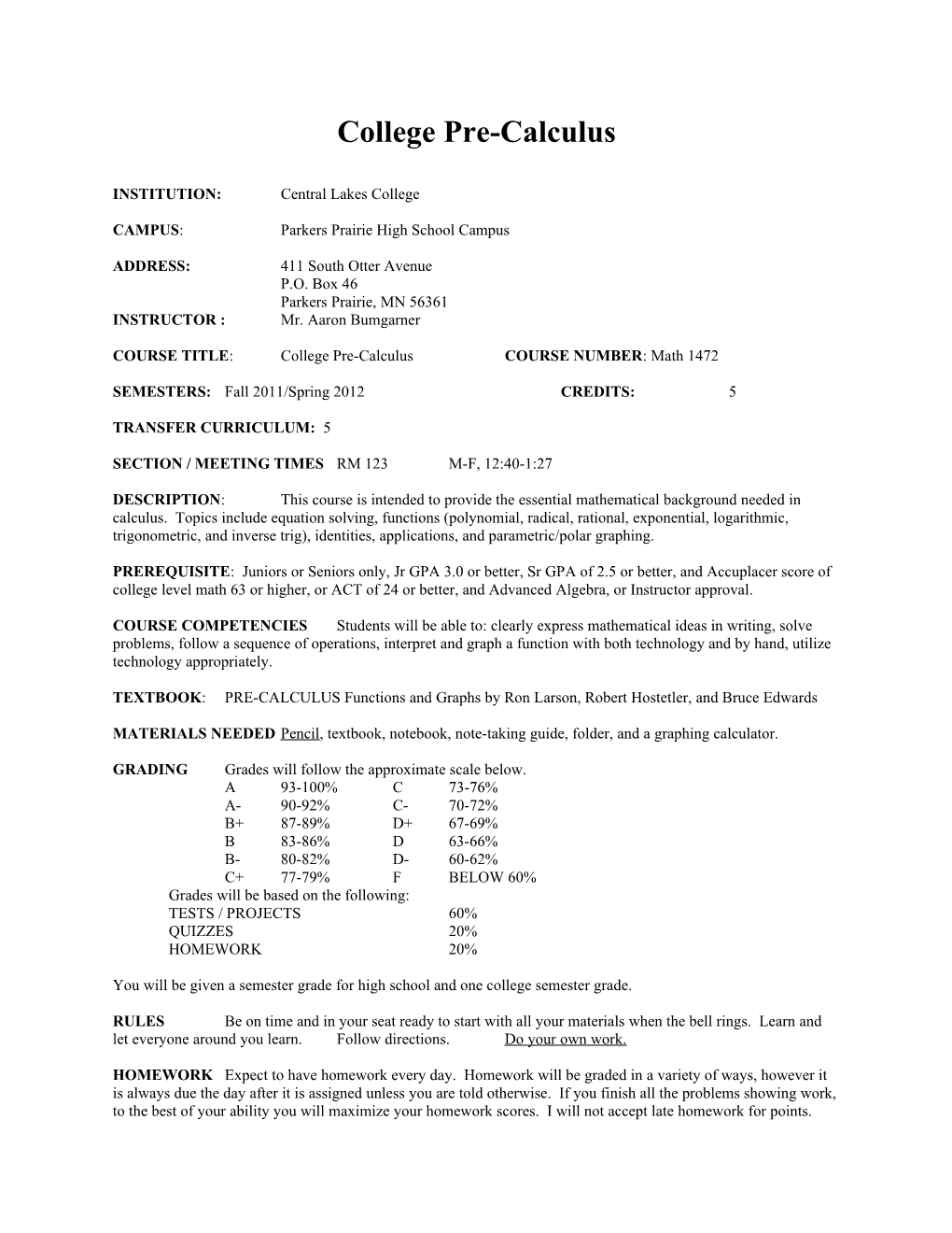 College Pre-Calculus