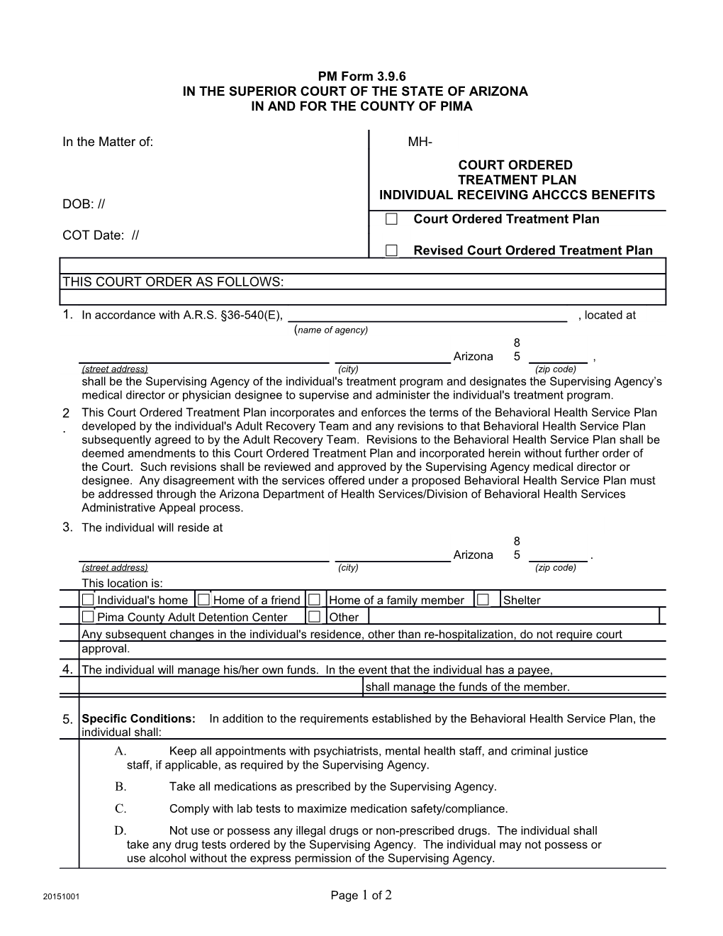 CPSA PM Form 3.18.1-A, Court Ordered Treatment Plan - Individual Receiving AHCCCS Benefits