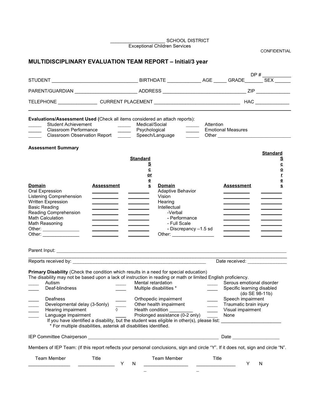 Multidisciplinary Evaluation Team Report