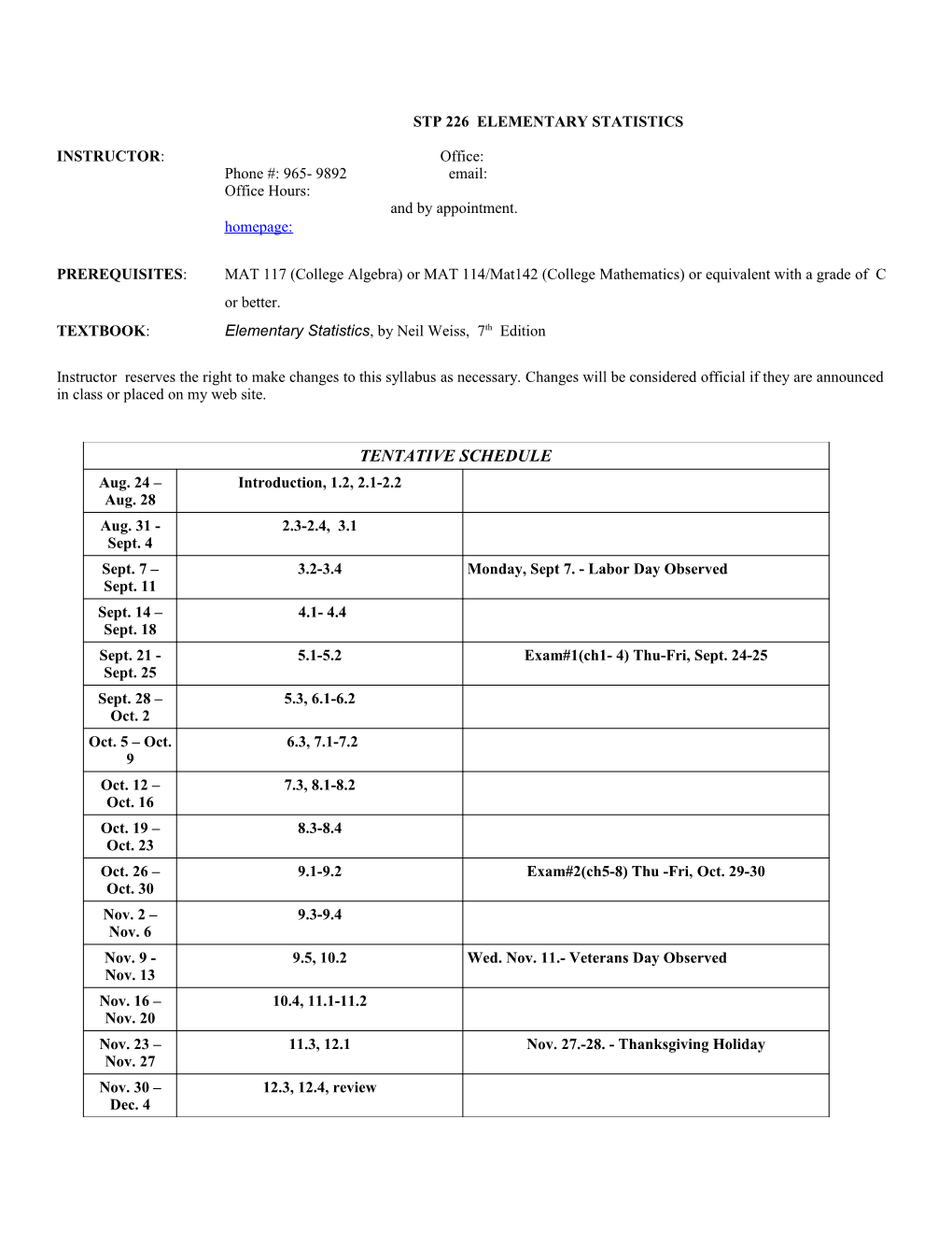 Stp 226 Elementary Statistics s1