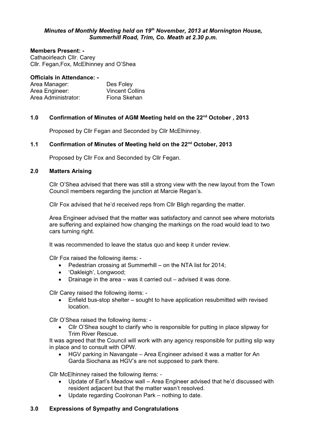 Minutes of Monthly Meeting Held on 19Th November 2012 at Mornington House, Summerhill Road