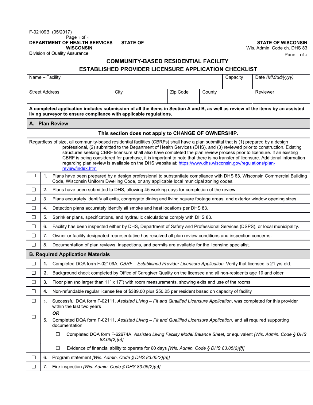 Community-Based Residential Facility - New Provider Licensure Application Checklist, F-02109B