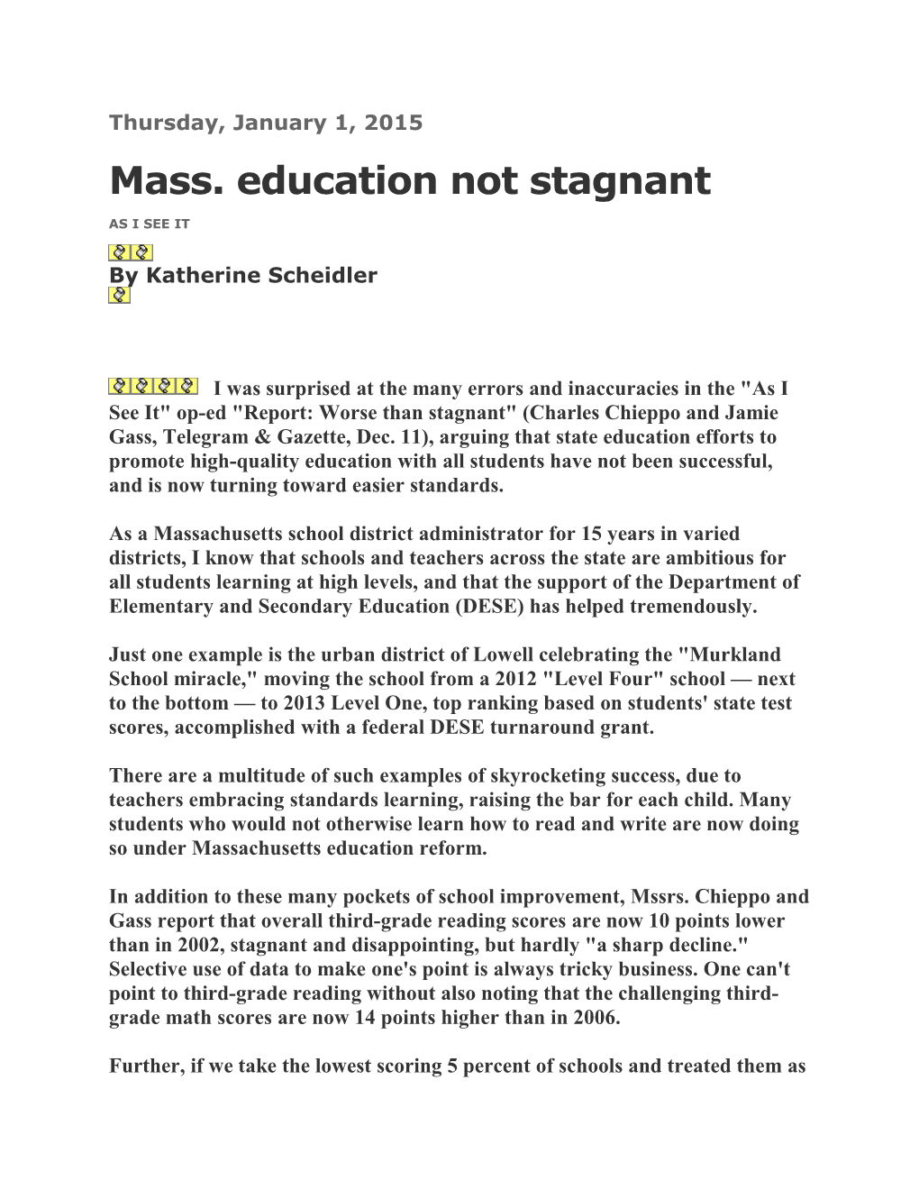 Mass. Education Not Stagnant