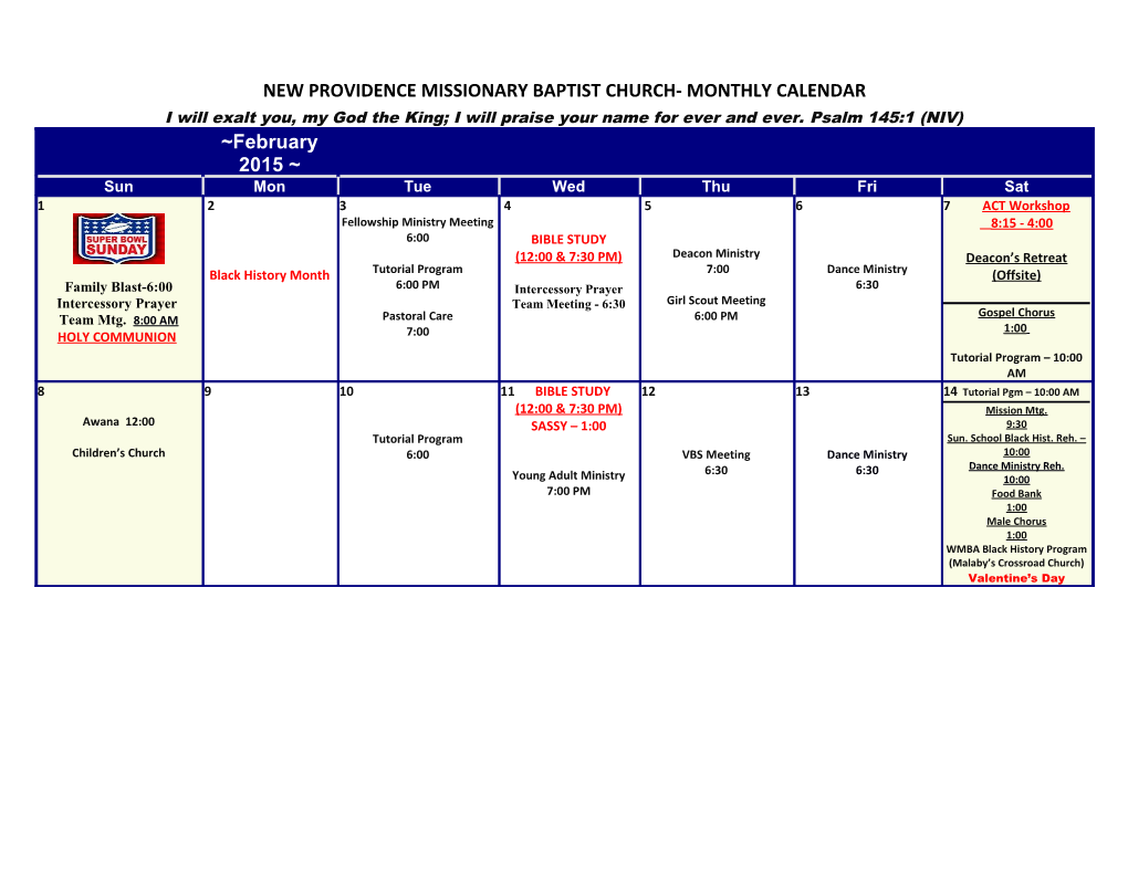 New Providence Missionary Baptist Church- Monthly Calendar