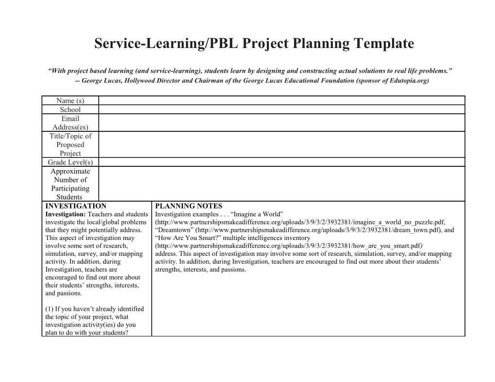 Service-Learning/PBL Project Planning Template