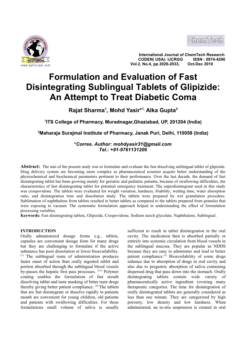Formulation and Evaluation of Fast Disintegrating Sublingual Tablet of Glipizide: an Attempt