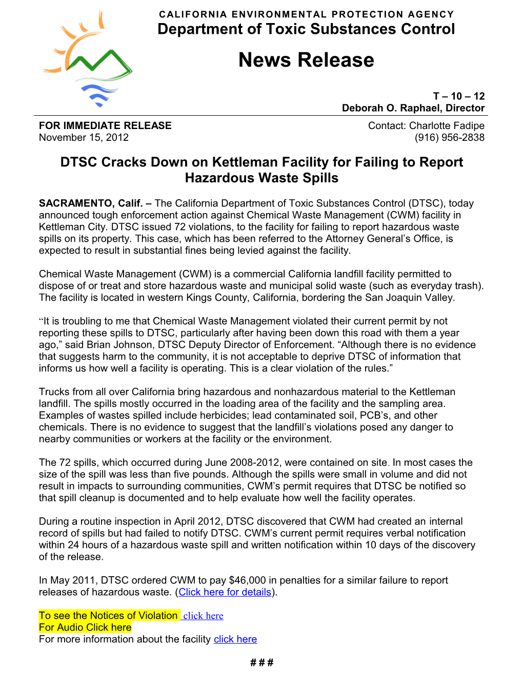 DTSC Cracks Down on Kettleman Facility for Failing to Report Hazardous Waste Spills