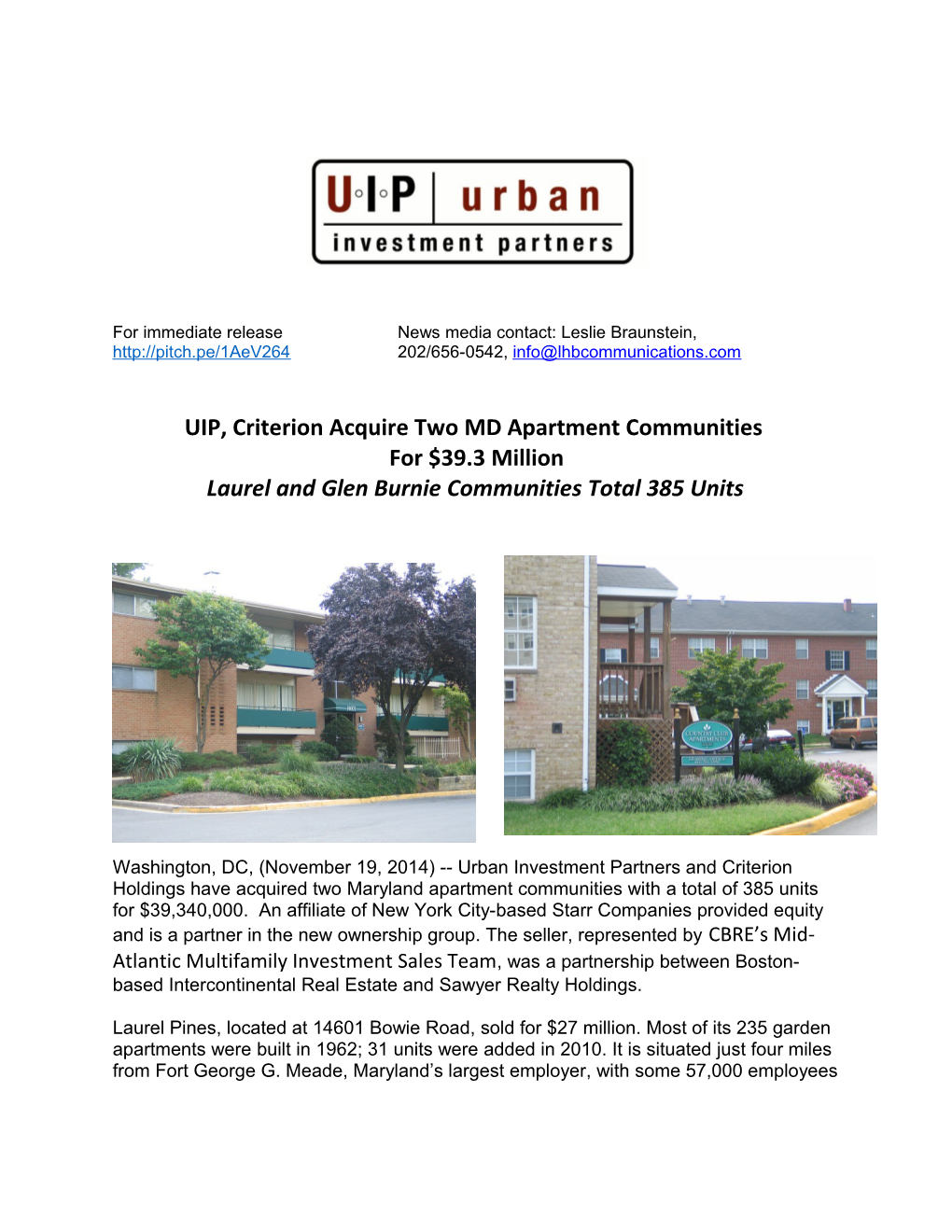 UIP, Criterion Acquire Two MD Apartment Communities