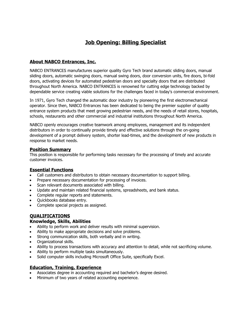 Job Opening: Billing Specialist