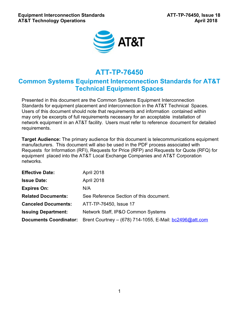Equipment Interconnection Standards ATT-TP-76450, Issue 18