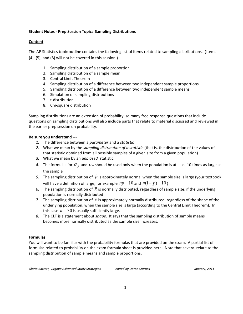 Student Notes - Prep Session Topic: Sampling Distributions