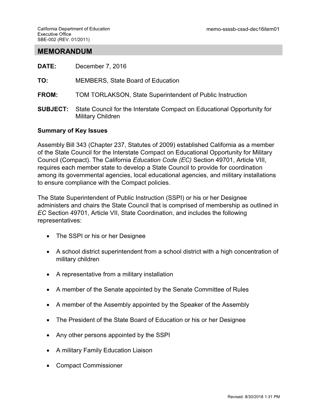 December 2016 Memo SSSB CSSD Item 01 - Information Memorandum (CA State Board of Education)