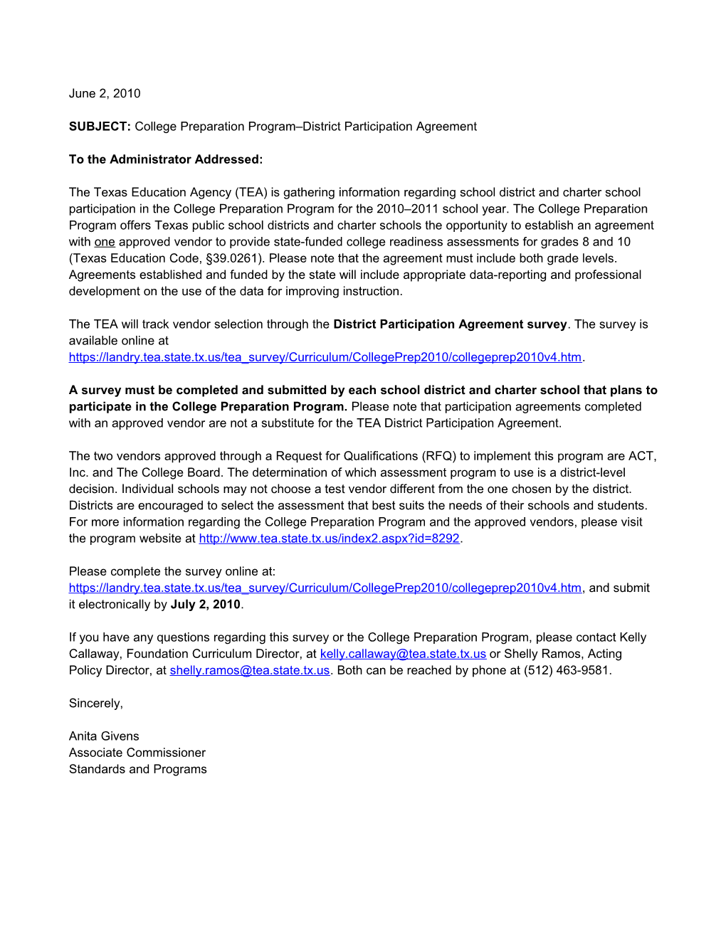 SUBJECT: College Preparation Program District Participation Agreement