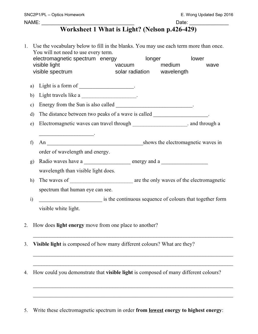 Worksheet 1 What Is Light? (Nelson P.426-429)