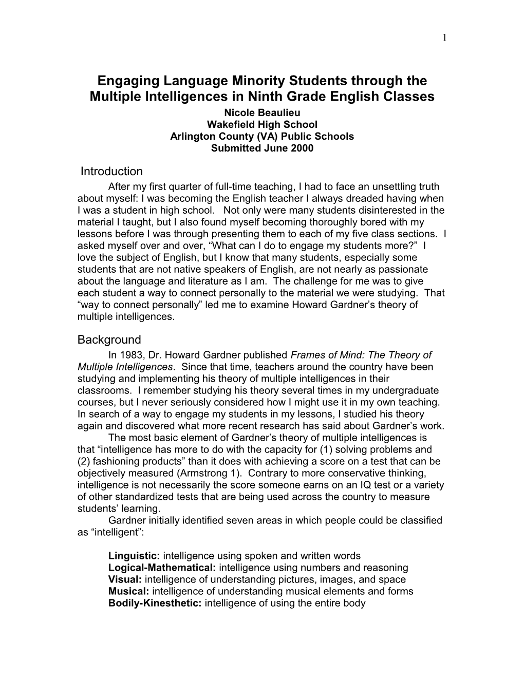 Engaging Language Minority Students Through the Multiple Intelligences in Ninth Grade English