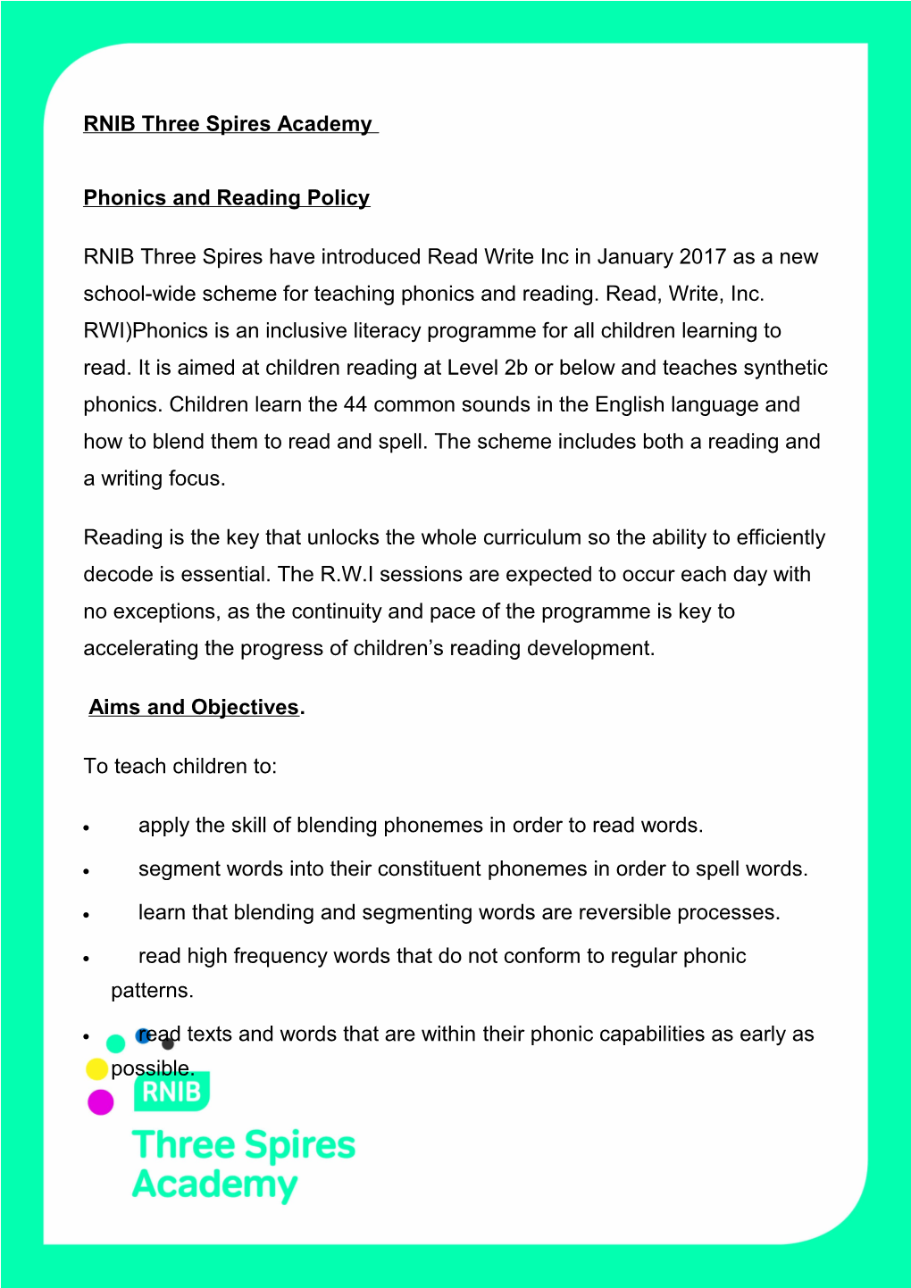 RNIB Three Spires Academy Phonics and Reading Policy