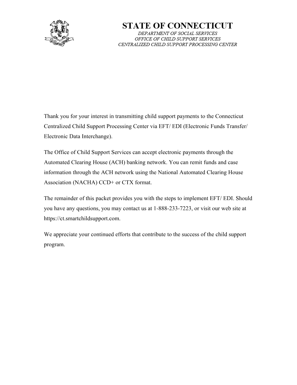 Thank You for Your Interest in Transmitting Child Support Payments to the Connecticut