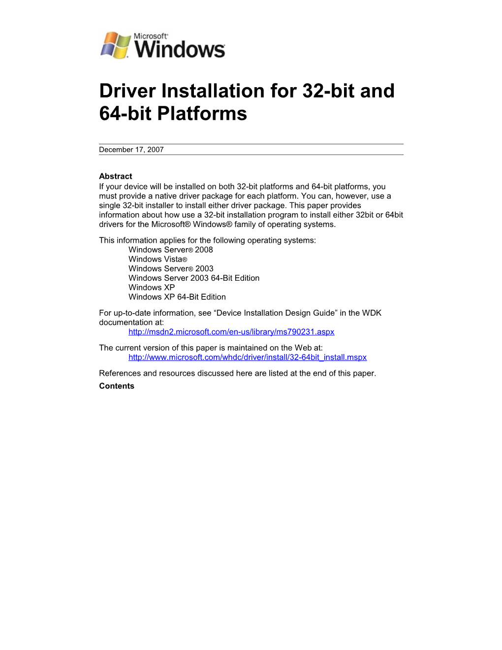 Driver Installation for 32-Bit and 64-Bit Platforms