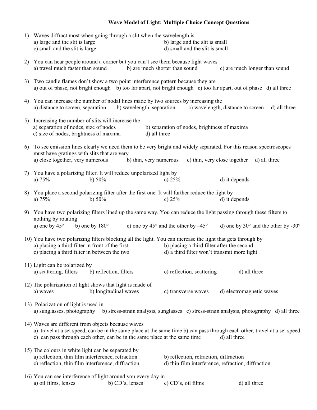 Wave Model of Light: Multiple Choiceconcept Questions