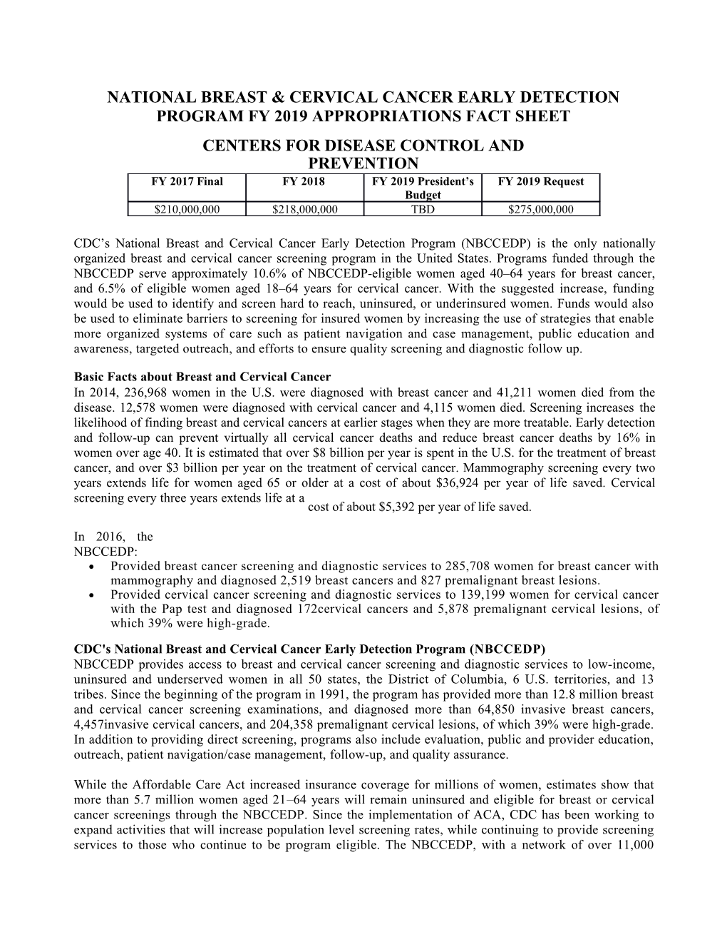 National Breast & Cervicalcancerearly Detectionprogram Fy2019appropriations Fact Sheet