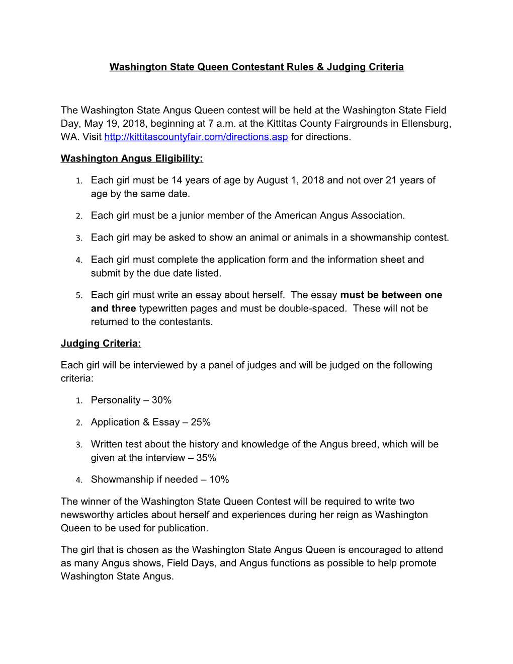 Washington State Queen Contestant Rules & Judging Criteria