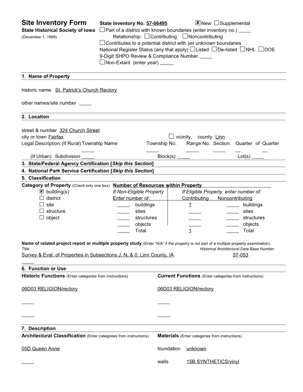 Site Inventory Form	State Inventory No