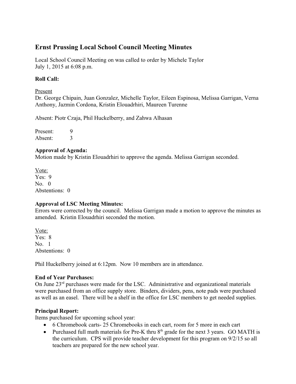 Ernst Prussing Local School Council Meeting Minutes