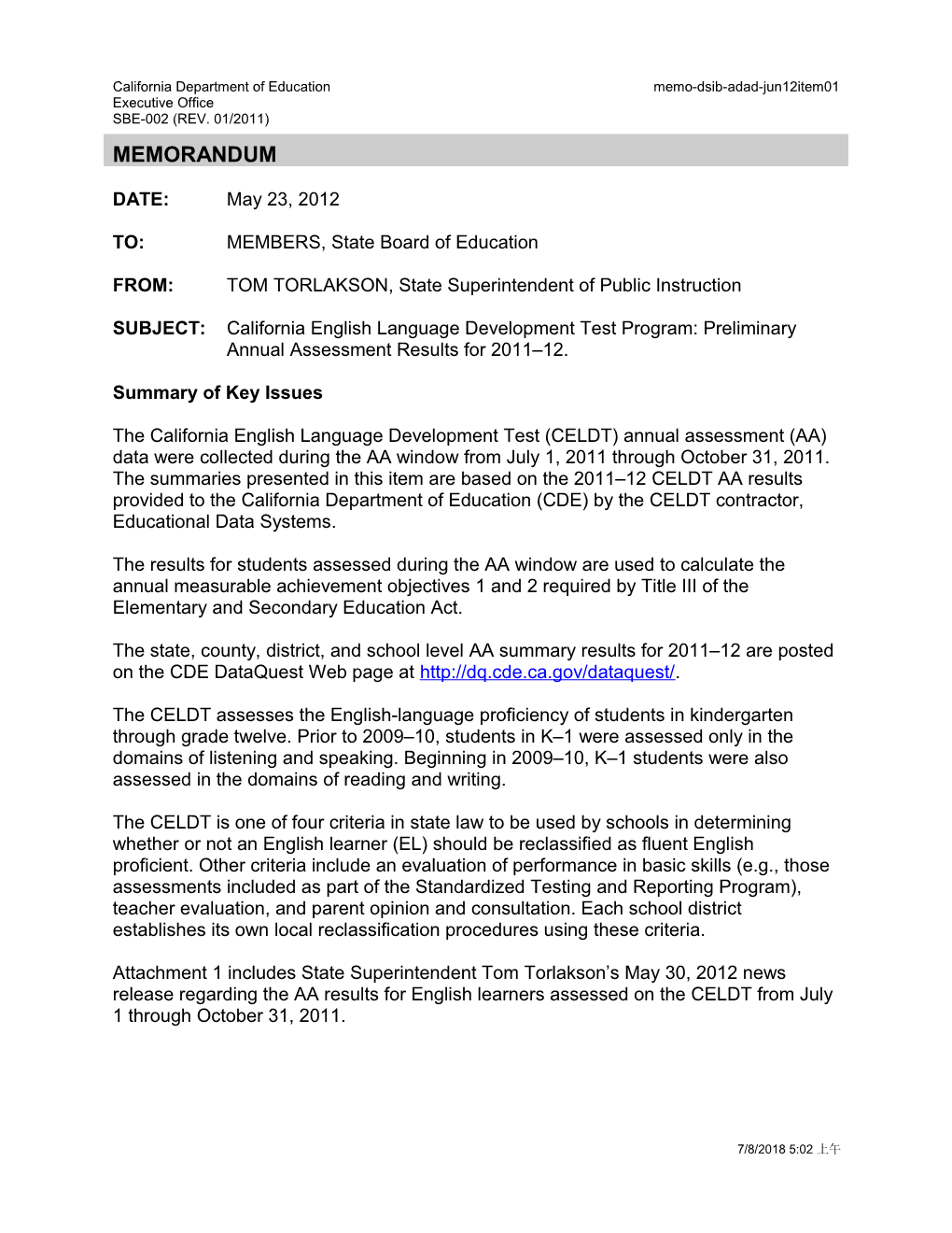 June 2012 Memorandum ADAD Item 1 - Information Memorandum (CA State Board of Education)