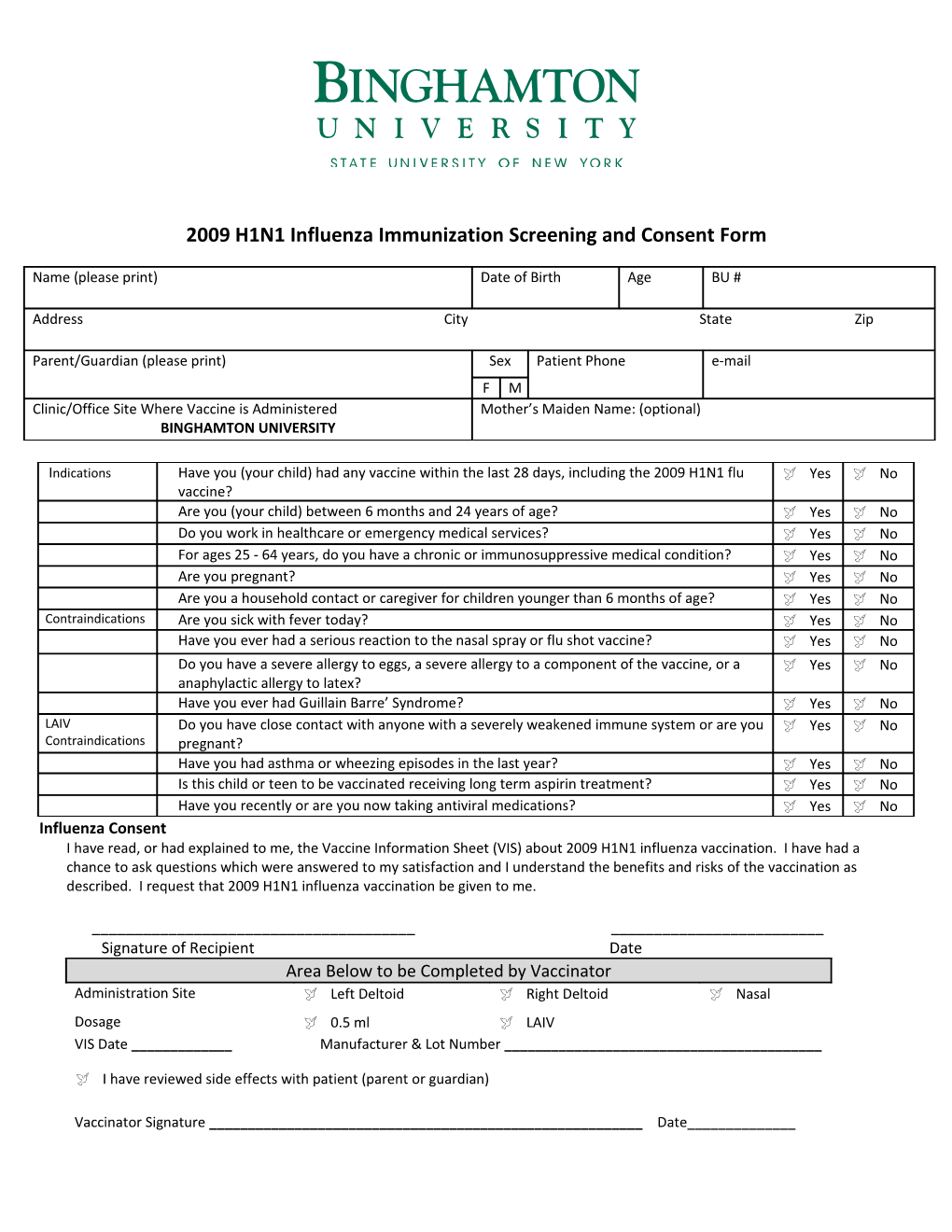 2009 H1N1 Influenza Immunization Screening and Consent Form