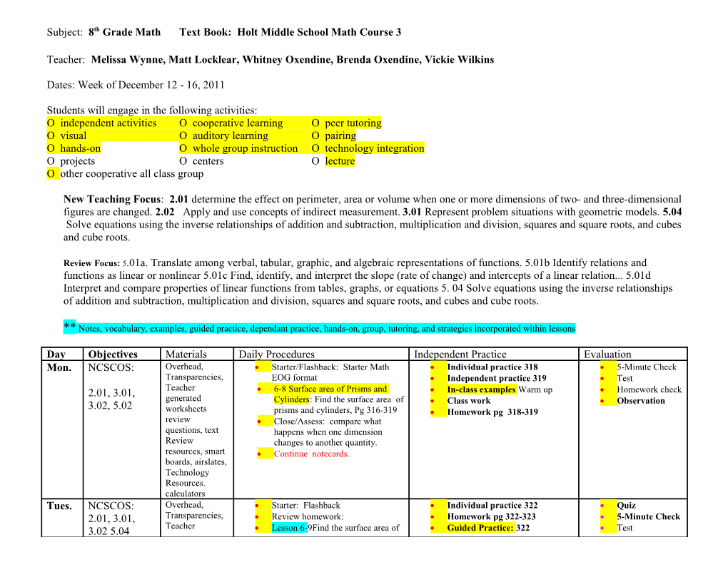 Subject: 8Th Grade Mathtext Book: Holtmiddle School Math Course 3