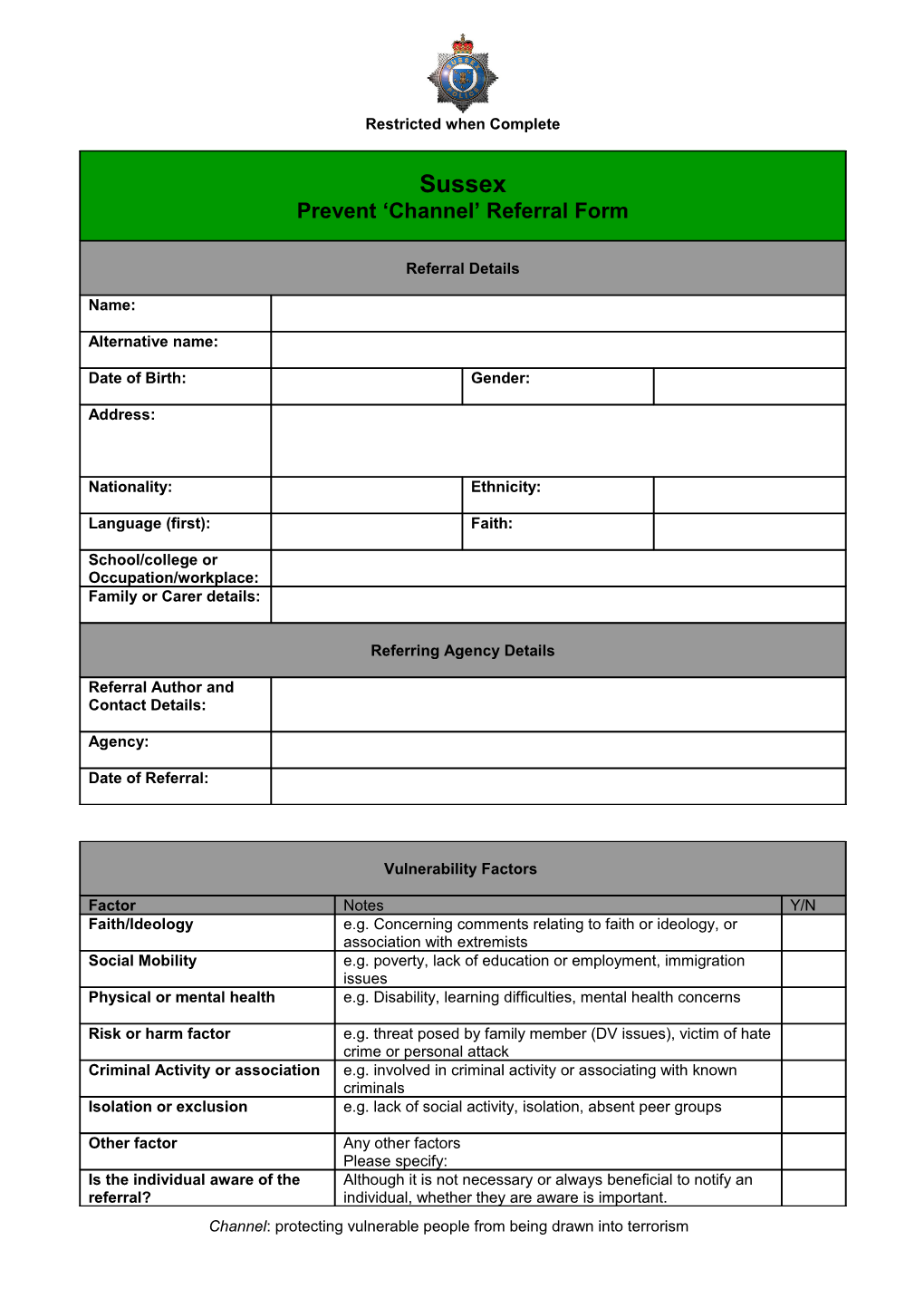 Channel Referral Document Sussex Police V1 2012