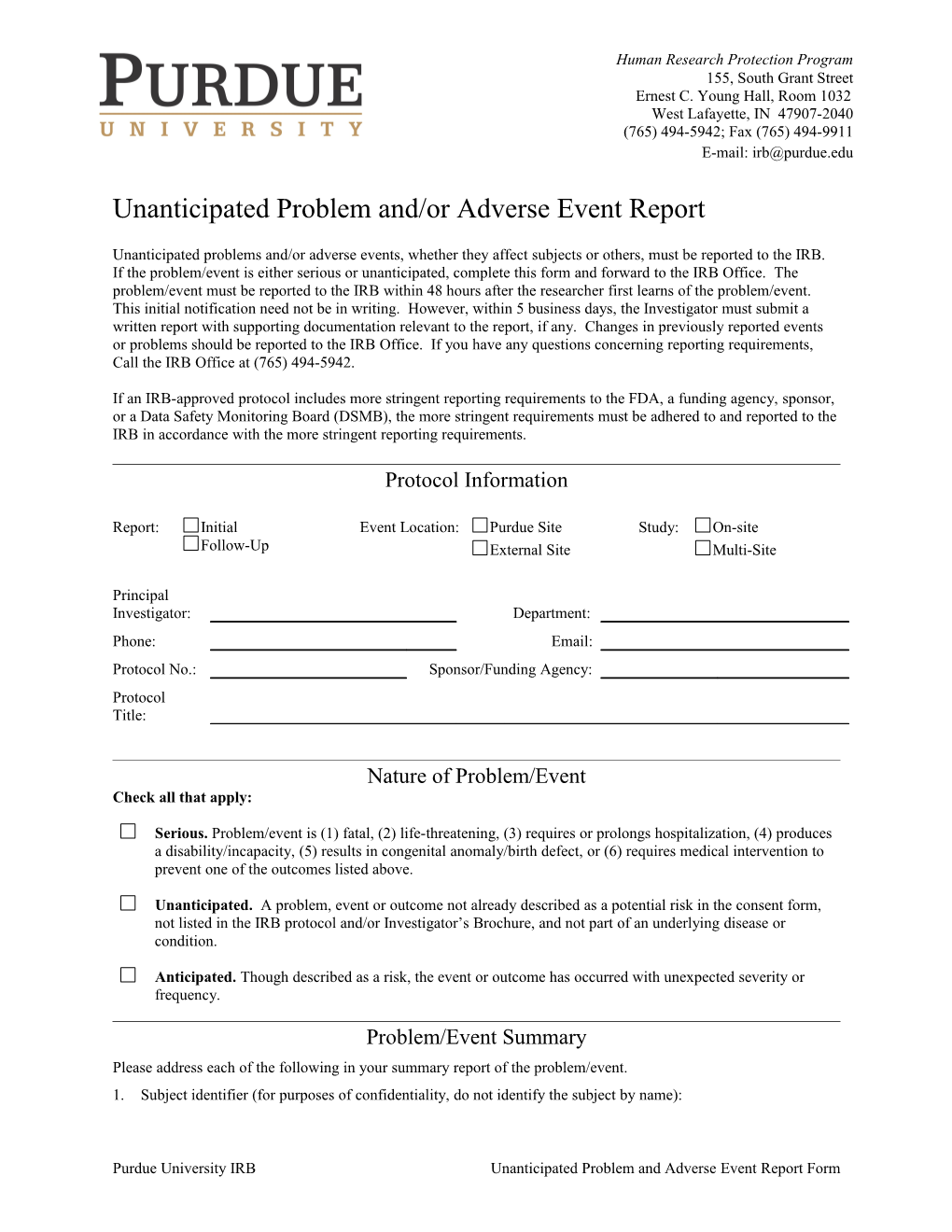 Unanticipated Problemand/Or Adverse Event Report