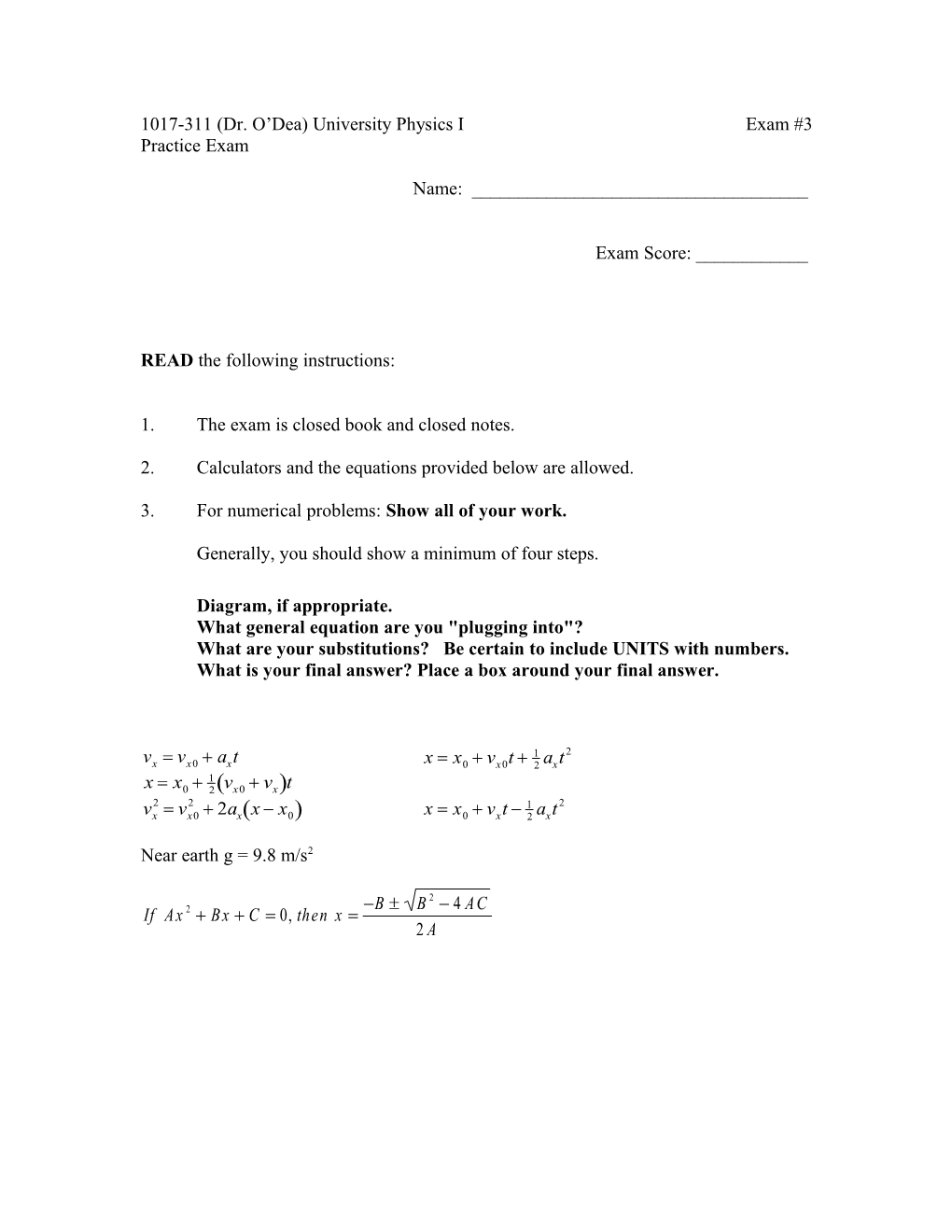 1017-311 (Dr. O Dea) University Physics I Exam #3
