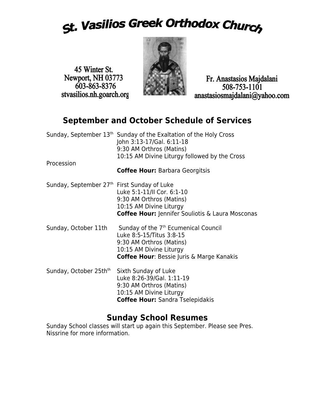 September and October Schedule of Services