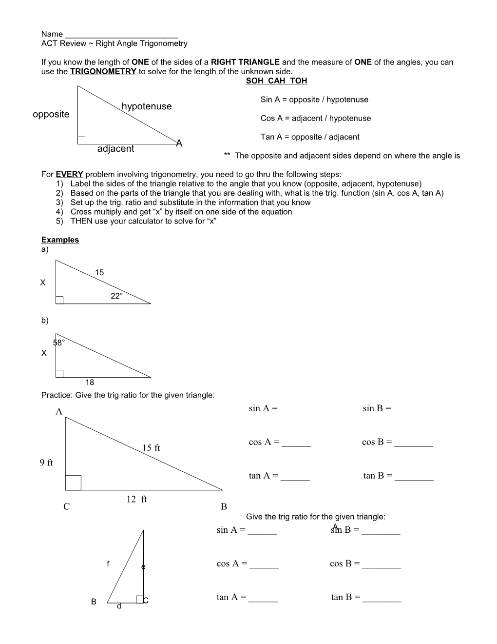 ACT Review Right Angle Trigonometry