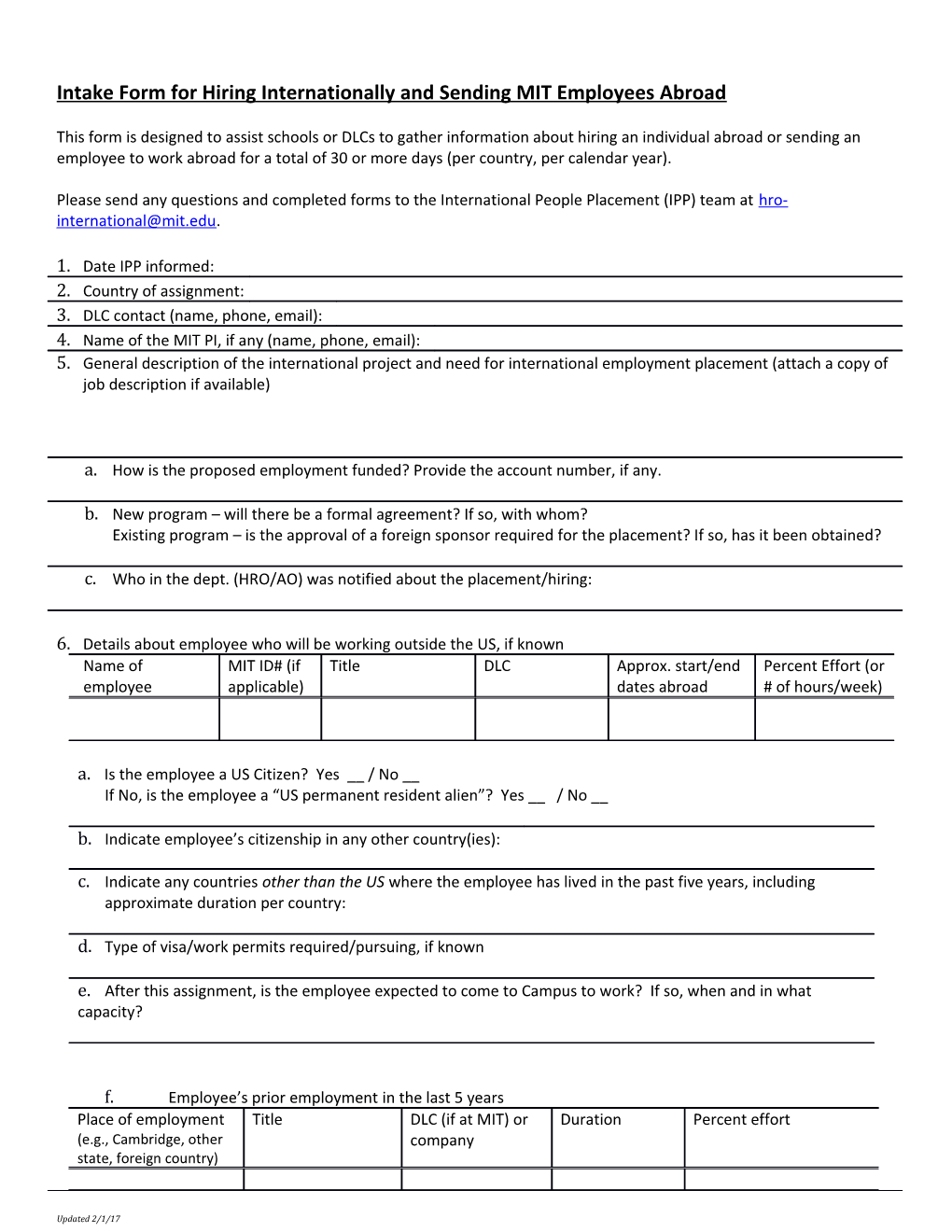 Intake Form for Hiring Internationally and Sending MIT Employees Abroad