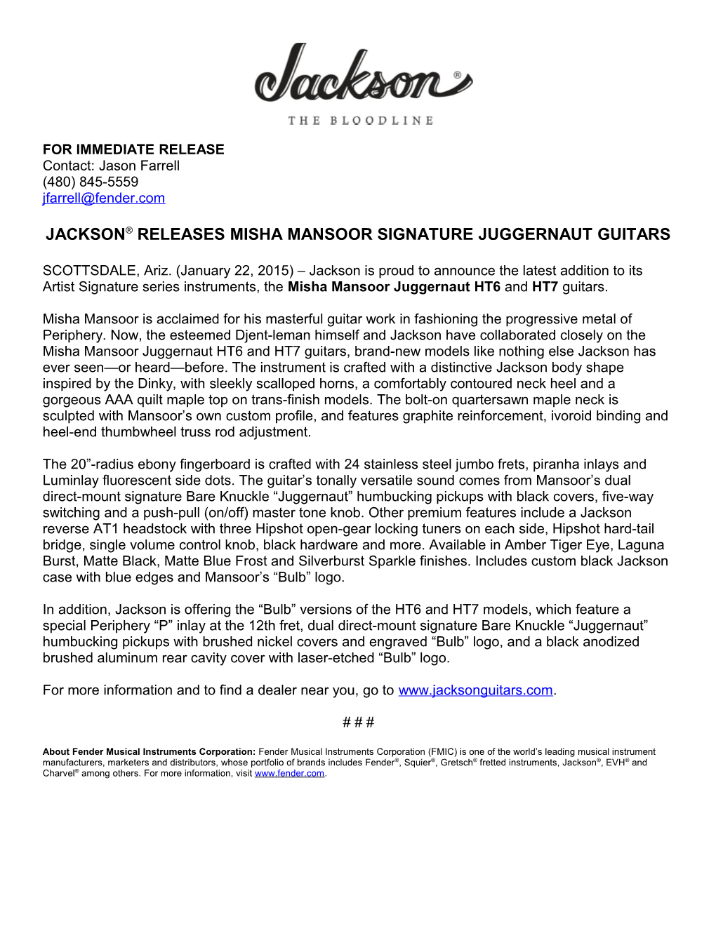 Jackson Releases Misha Mansoor Signature Juggernaut Guitars