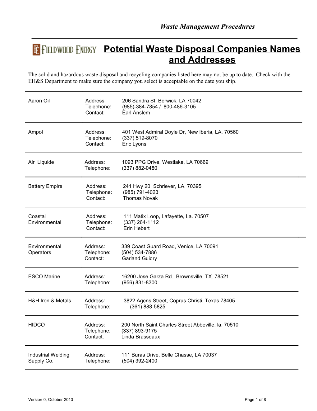 Potential Waste Disposal Companies Names and Addresses