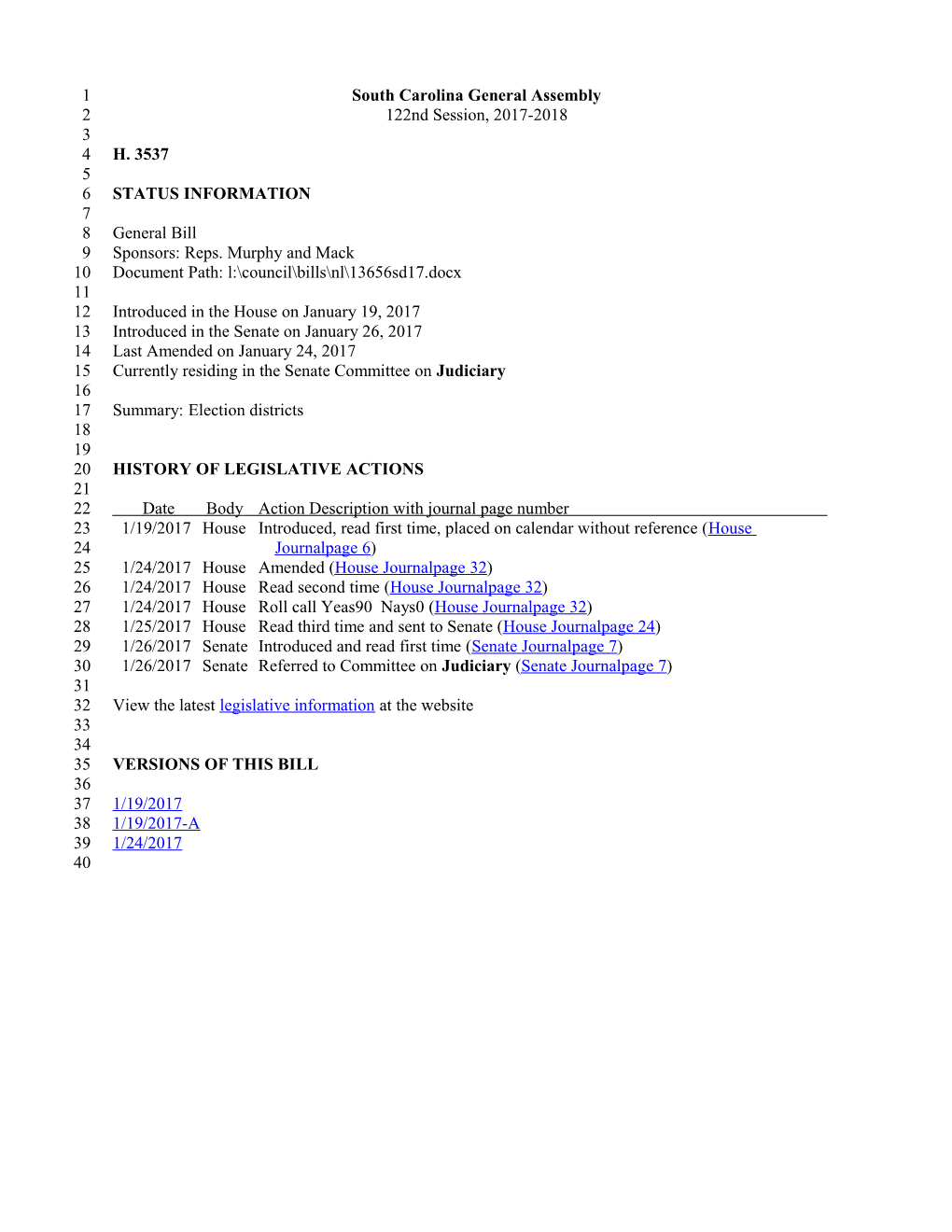 2017-2018 Bill 3537: Election Districts - South Carolina Legislature Online