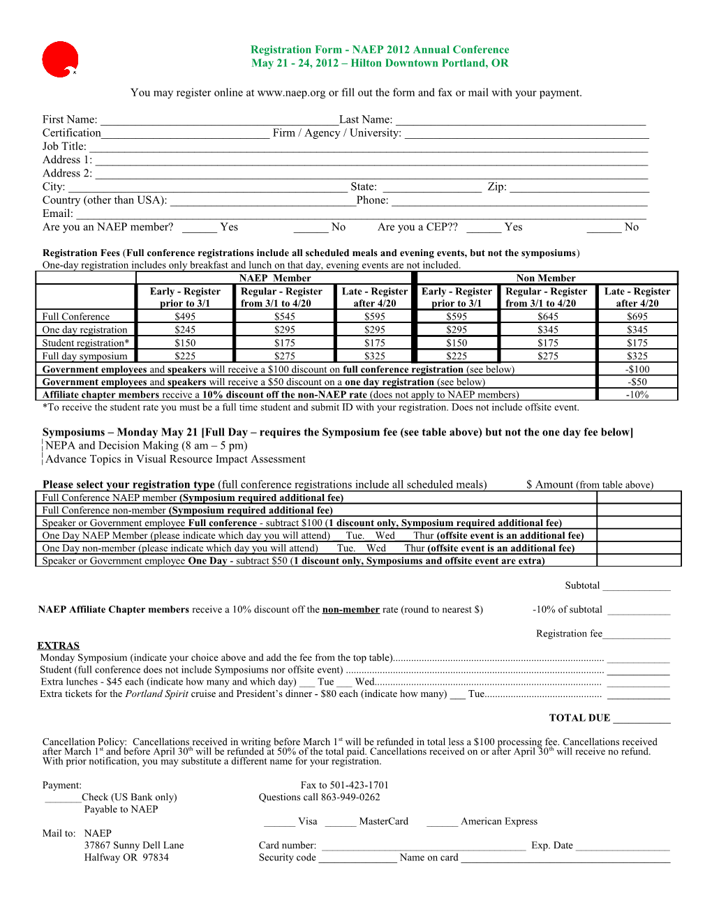 Registration Form for NAEP/AEP 2008 Conference